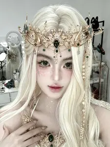 Elven Emerald Crown Headpiece, Fairy Princess Tiara, Vintage Baroque Gem, Cosplay Elf Wedding Bridal Hair Accessory