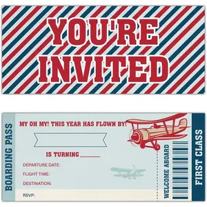 Boarding Pass Birthday Invitations for Boys Air Ticket Airplane Birthday Party Invitation Cards Set of 20 Fill-in Invites with Envelopes