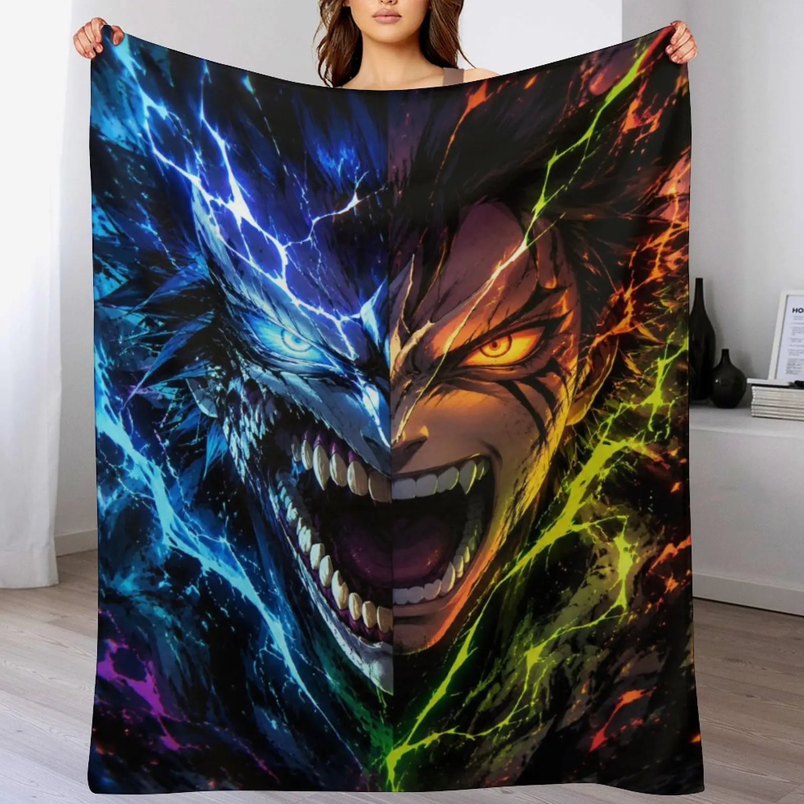 Split Face Half Demon Half Man Blue Green Lightning Anime Flannel Blanket Cool Anime Bedroom Decor Throw Blanket