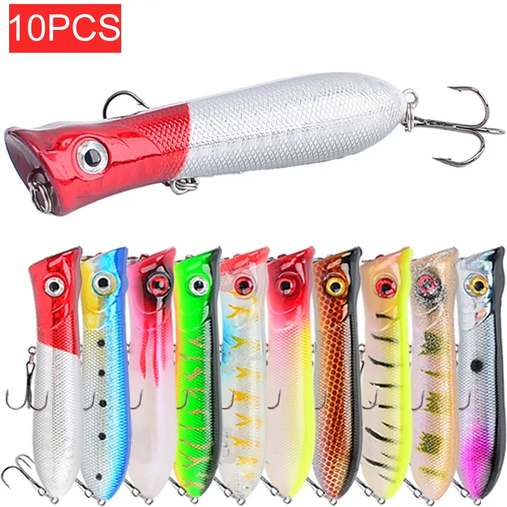 10pcs Topwater Popper Fishing Lure Set, 3.35inch/0.37oz with Sharp Hooks, Durable ABS Durable and Lightweight Tackle
