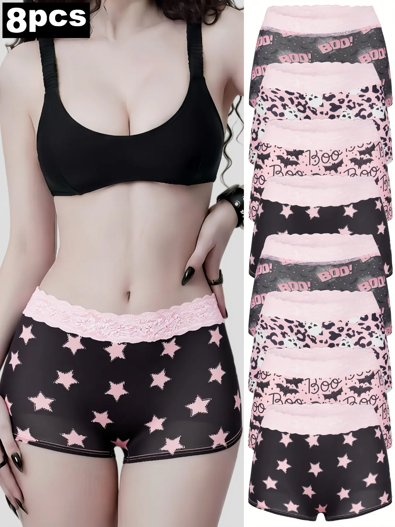 8-Pack Pink Lace Waist Halloween Print Women Boyshort Underwear, Spooky Boo Bat Star Leopard Pattern Gothic Pastel Goth Boxer Shorts, Alt Girl Y2K Soft Girl Casual Boyshort Panties Multipack