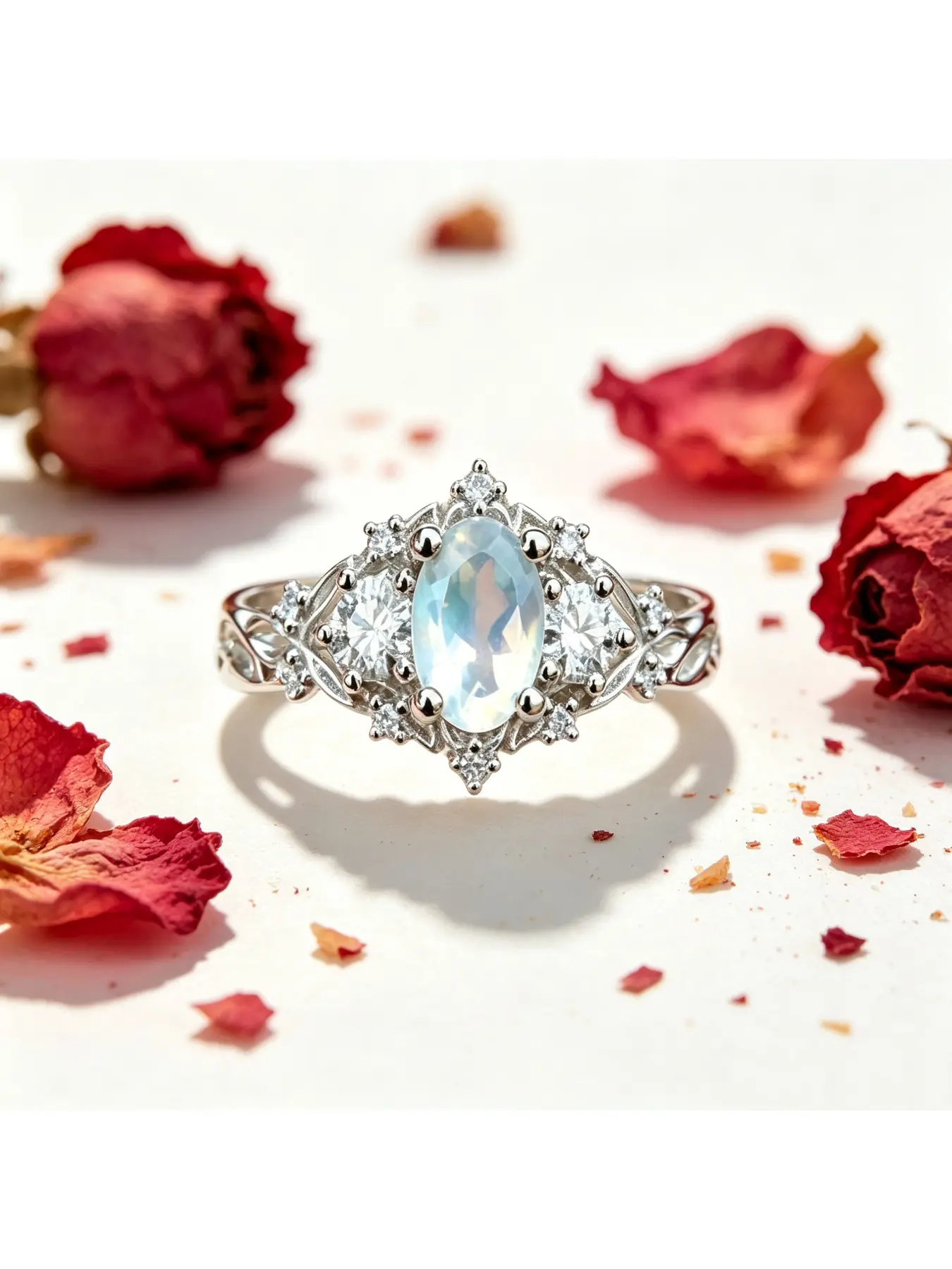 Oval Iridescent Moonstone Side Cluster Leaf Silver Engagement Ring, Bridal Ring, Dreamy Cool Gift for Women, Vine Leaf Diamond Thin Band for Everyday Wear, Perfect for Christmas Markets, Easter Trips and Stargazing Dates