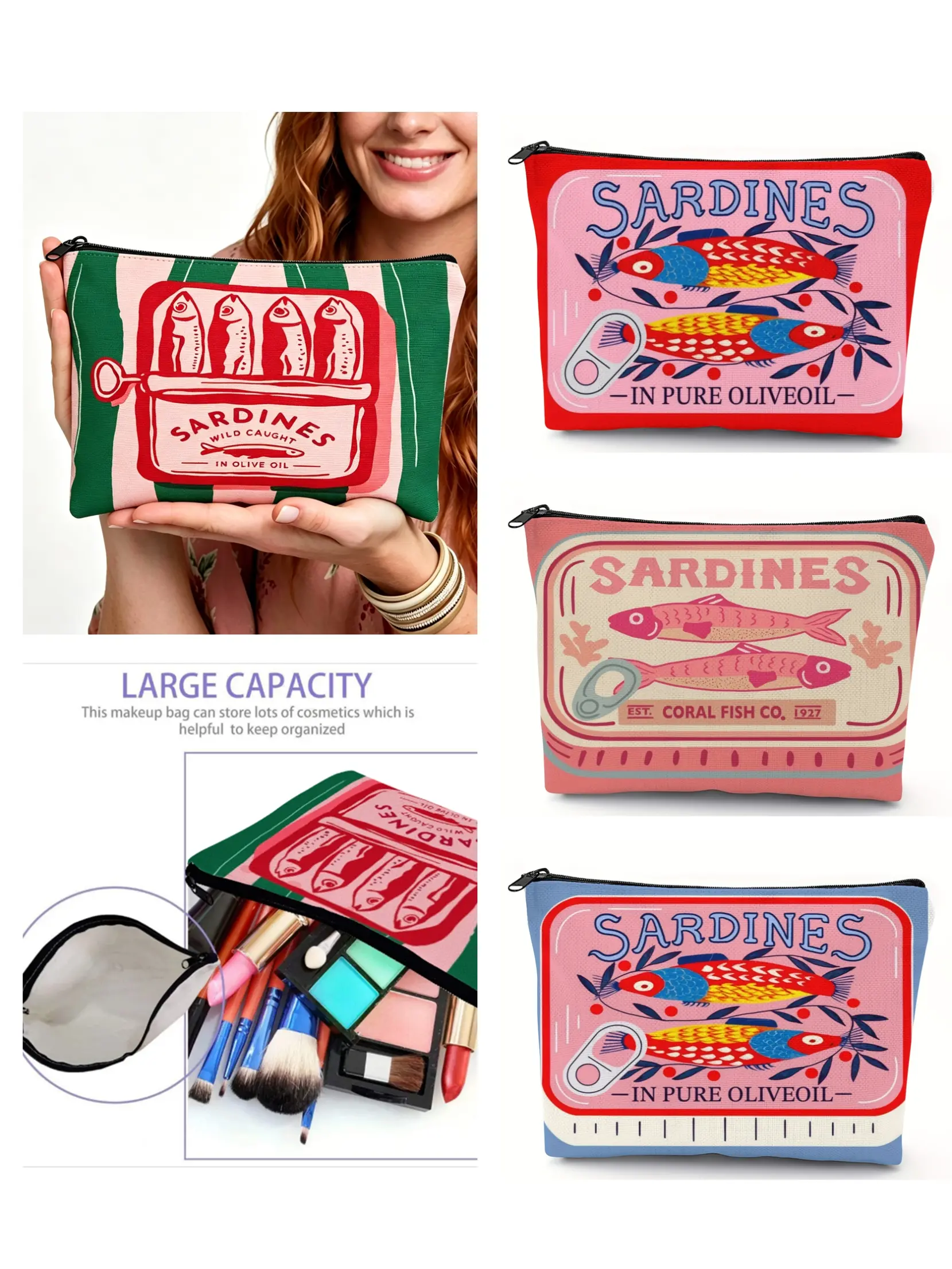 Vintage Sardine Pattern Couple Makeup Bag, Foldable Zipper Pouch, Cosmetic Pouch, Cosmetics Bag, Makeup Pouch for Purse, Makeup Storage Pouch, Travel Essential, Multi-Functional Wallet, Gift for Various Occasions