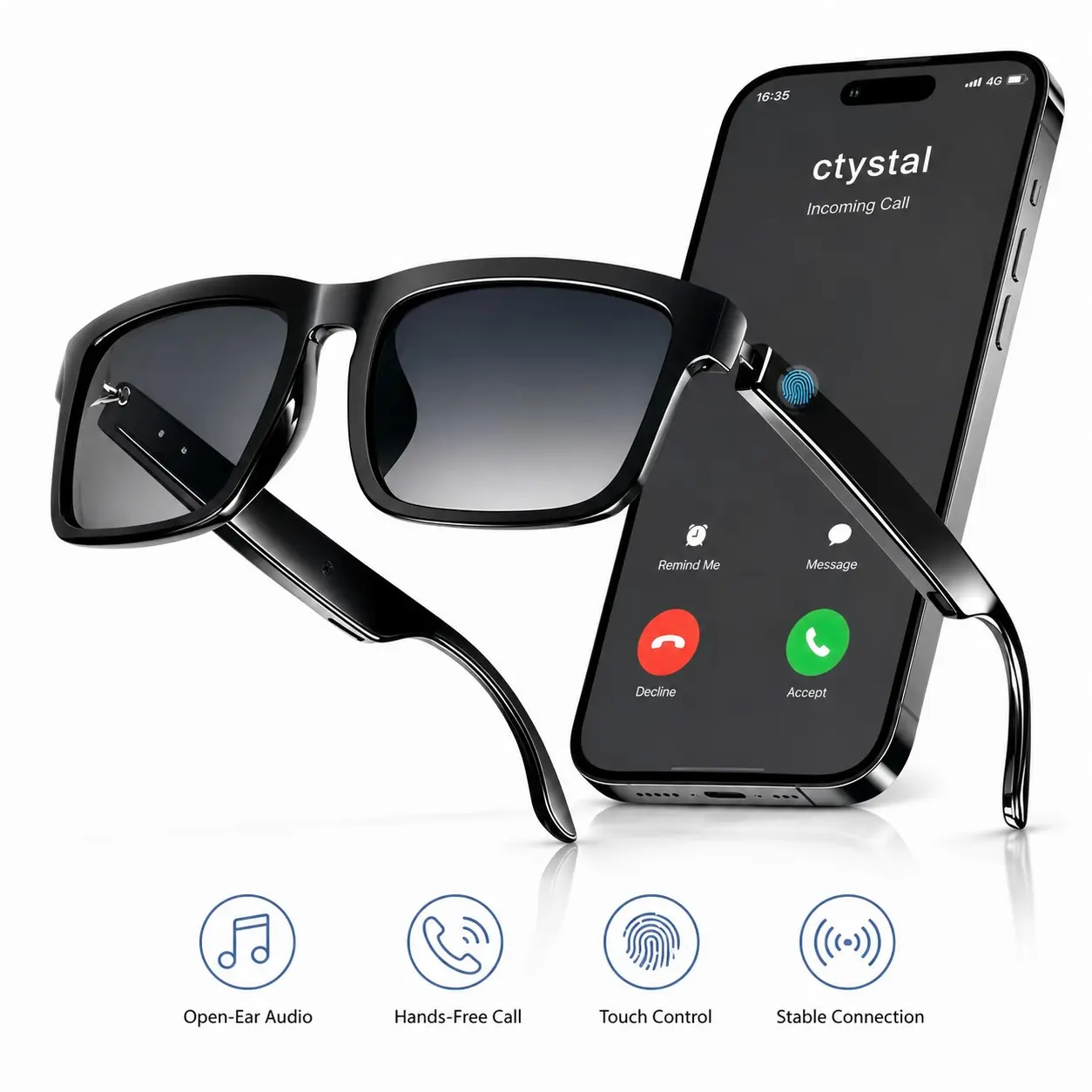 Smart Glasses, Open-Ear Bluetooth Sunglasses with Built In Speakers and Mic, Touch Control, Music and Hands-Free Calls, Wireless Audio Glasses