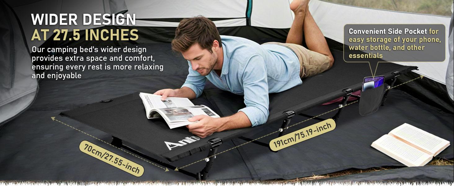 Anbte Ultralight Folding Camping Cot, Comfortable Portable Camping Cot Supports 275 lbs with Storage Bag & Side Pocket, Lightweight Folding Bed for Outdoor Travel Tent Indoor Emergency Bed, Black
