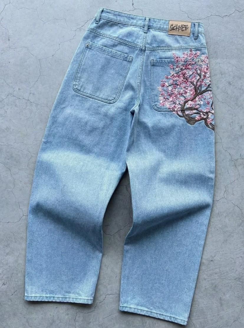 European and American retro plum blossom embroidered straight-leg jeans, unisex, versatile, unique street style trendy jeans, cross-border