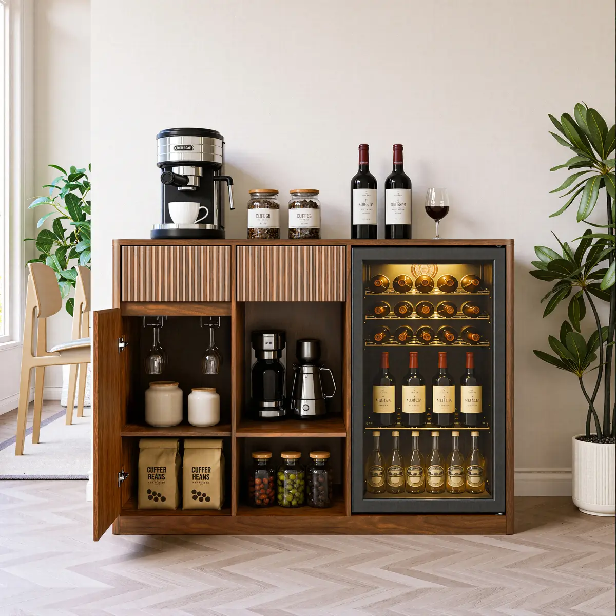 Walnut Fluted Mini Fridge Storage Cabinet 51.2*20.9*37 Inch Built-In 3-in-1 Charging Station Ventilation Slats Anti-Tip Kit Large Load Sideboard Beverage Coffee Bar For Kitchen Dining Living Room
