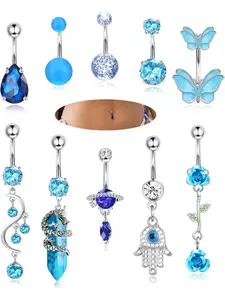 10pcs Belly Button Rings, Surgical Stainless Steel Cz Heart Dragon Butterfly Dangle, Navel Rings for Women, Barbell Piercing Jewelry