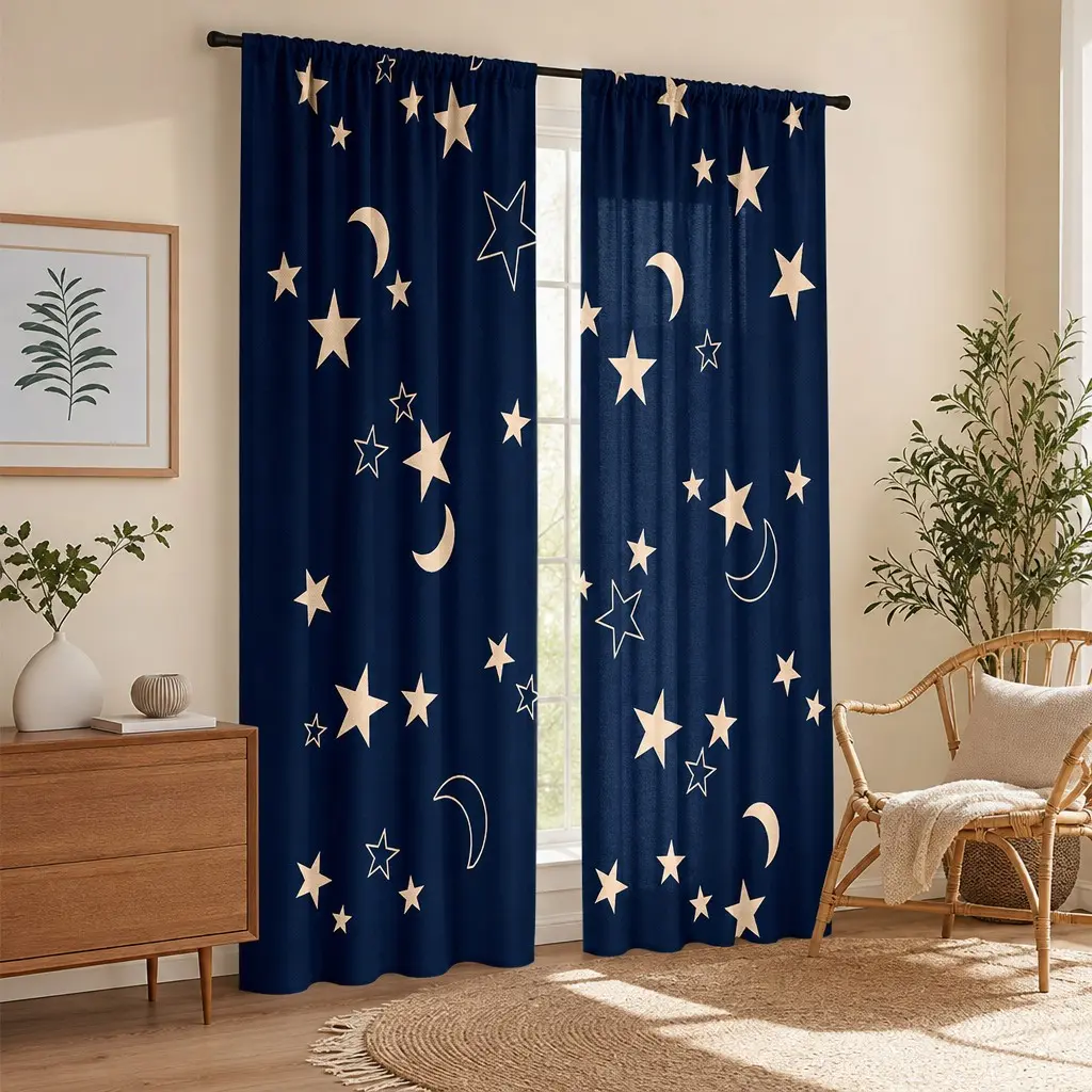 2-Pack Star Moon Semi-Transparent Curtains, Crescent Pentagon Print, Ideal for Kids' Bedroom, Baby Room, Boy's Room, Game Room, Home Decor