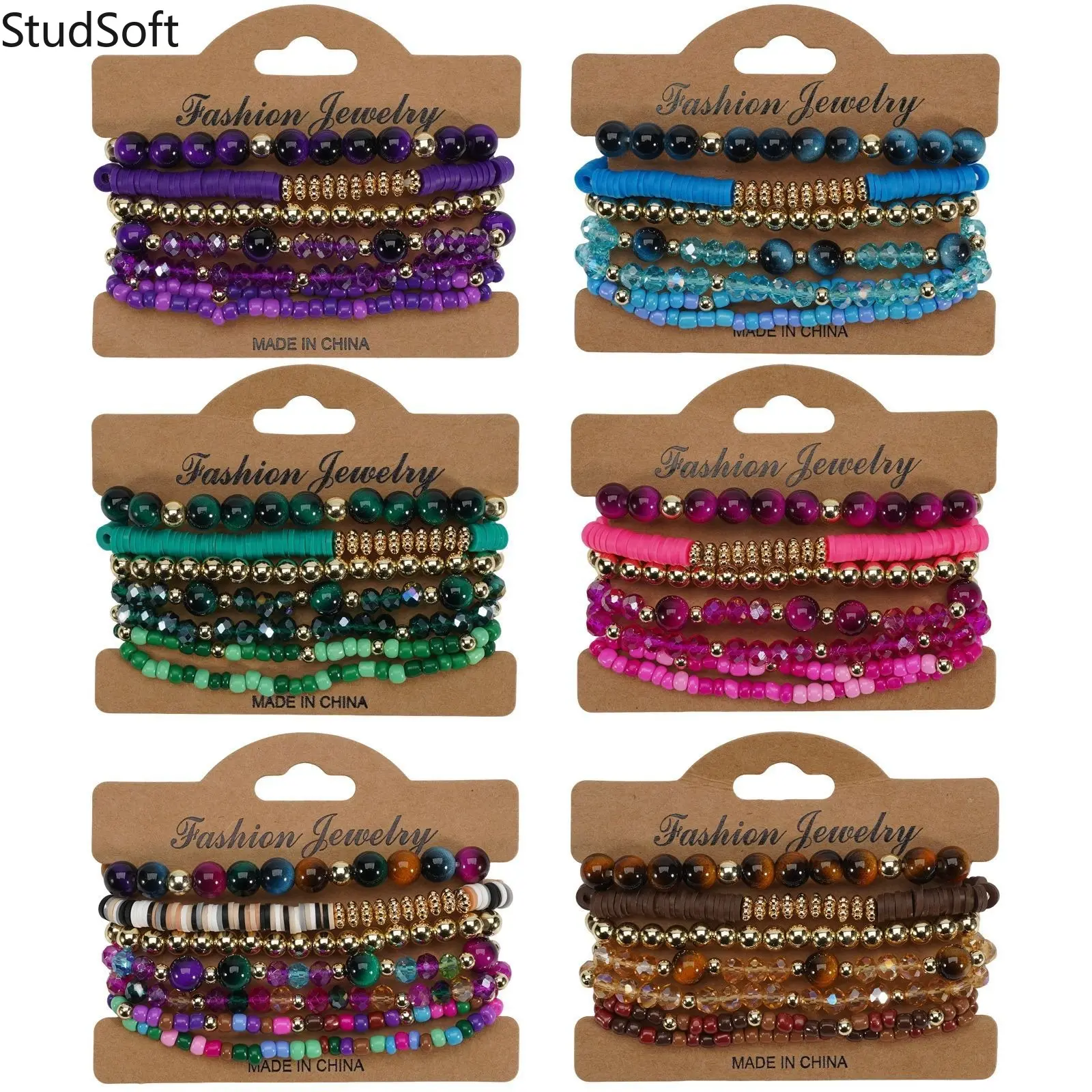 Boho Stackable Bracelets For Women Multilayer Beaded Bracelet Heishi Clay Bead Elastic Layered Crystal Stone Tiger Eye Aesthetic Jewelry Gift