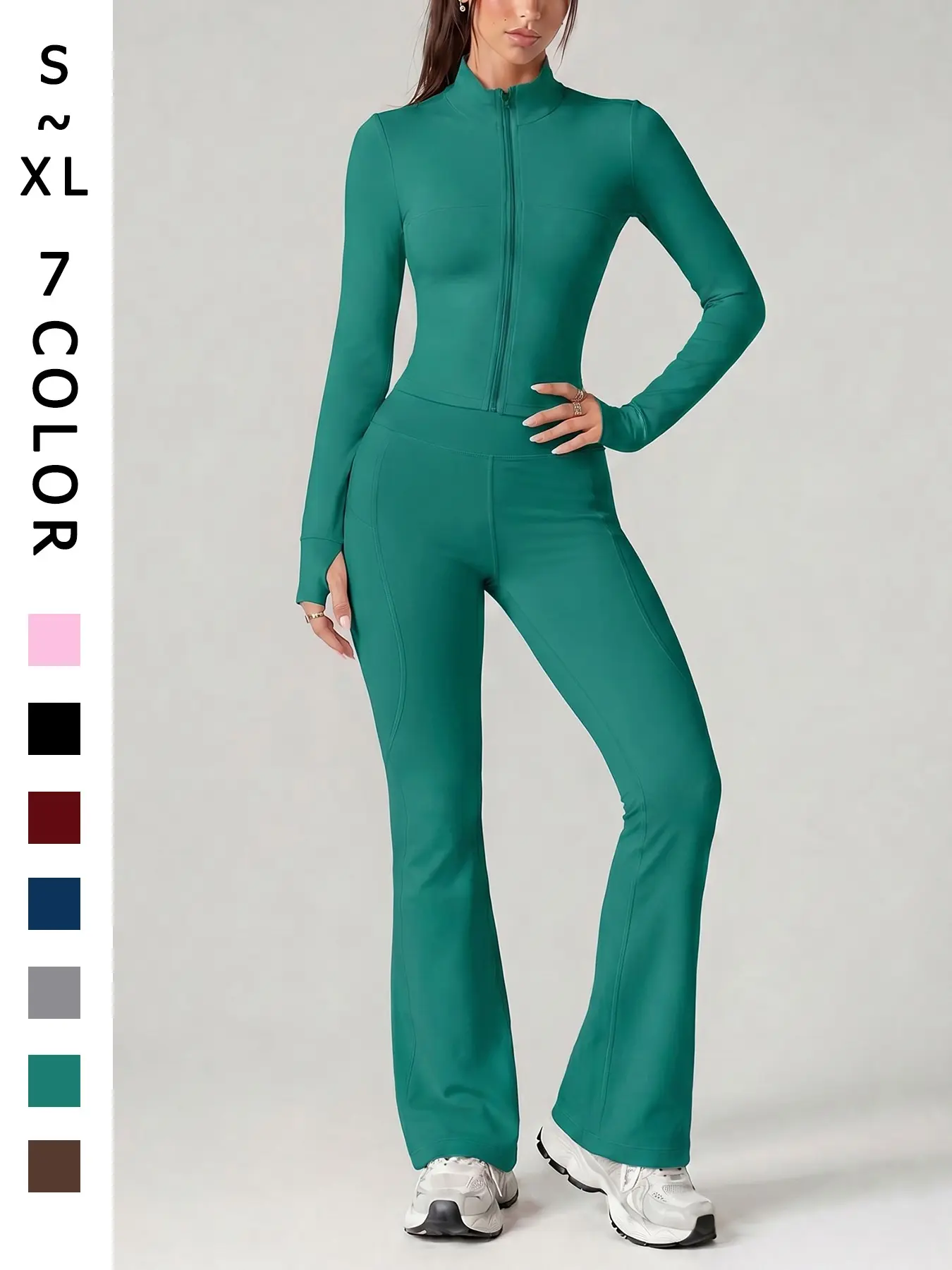Women’s 2 Piece Yoga Set Long Sleeve Jacket and Flare Pants Thumb Holes Cooling Breathable High Stretch Soft Workout Outfit for Gym Running Cycling Casual Fitness Wear