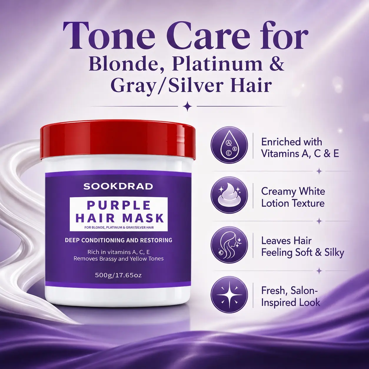 Purple Hair Mask, Haircare Masque, Hair Treatment Solution, Removes Brassy and Yellow Tones, Deep Conditioning, Vitamin A C E Enriched, For Blonde Platinum Gray Silver Hair, 500g/17.65oz