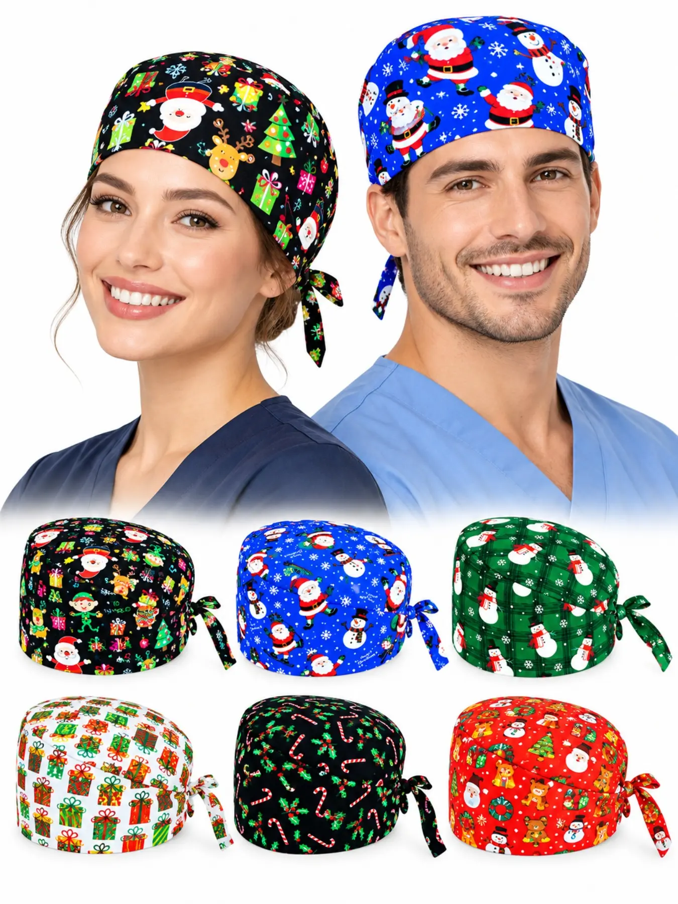 6 Packs Christmas Print Surgical Hat , Adjustable Tie Medical Cap, Cartoon Work Hat, Nurse Doctor Holiday Headwear