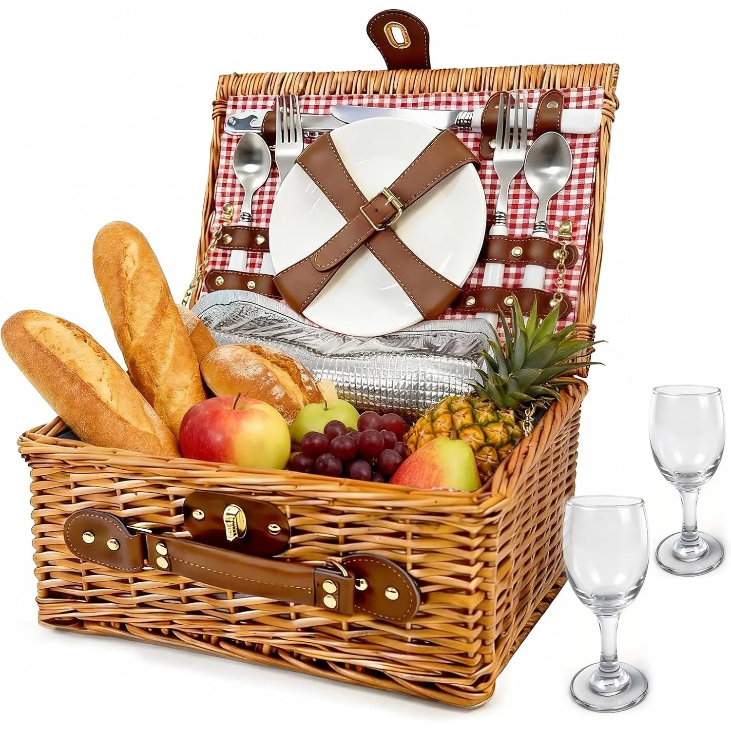 Picnic Basket for 2 - Picnic Basket with Cutlery Kit and Glasses, Insulated Picnic Set with Waterproof Liner, Portable Wicker Picnic Baskets with Lid and Handle for Outdoor, Picnic, Camping, Holidays