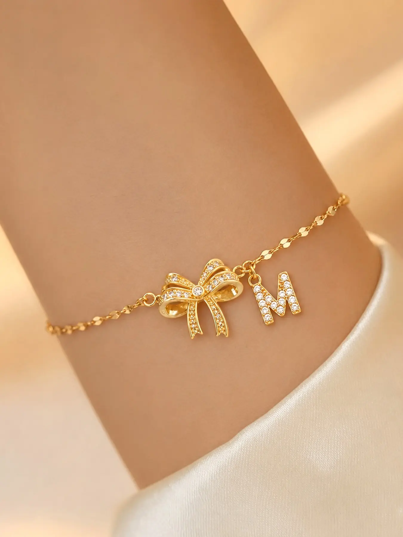 Elegant Zircon Butterfly Knot Letter Bracelet for Women, Stainless Steel Chain, Casual Style, All Seasons Accessory