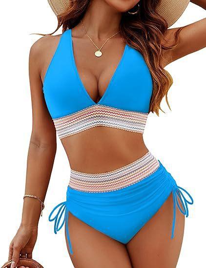European and American style two-piece swimsuit for women, sexy solid color V-neck tight-fitting backless high-waisted bikini,   women's swimsuit
