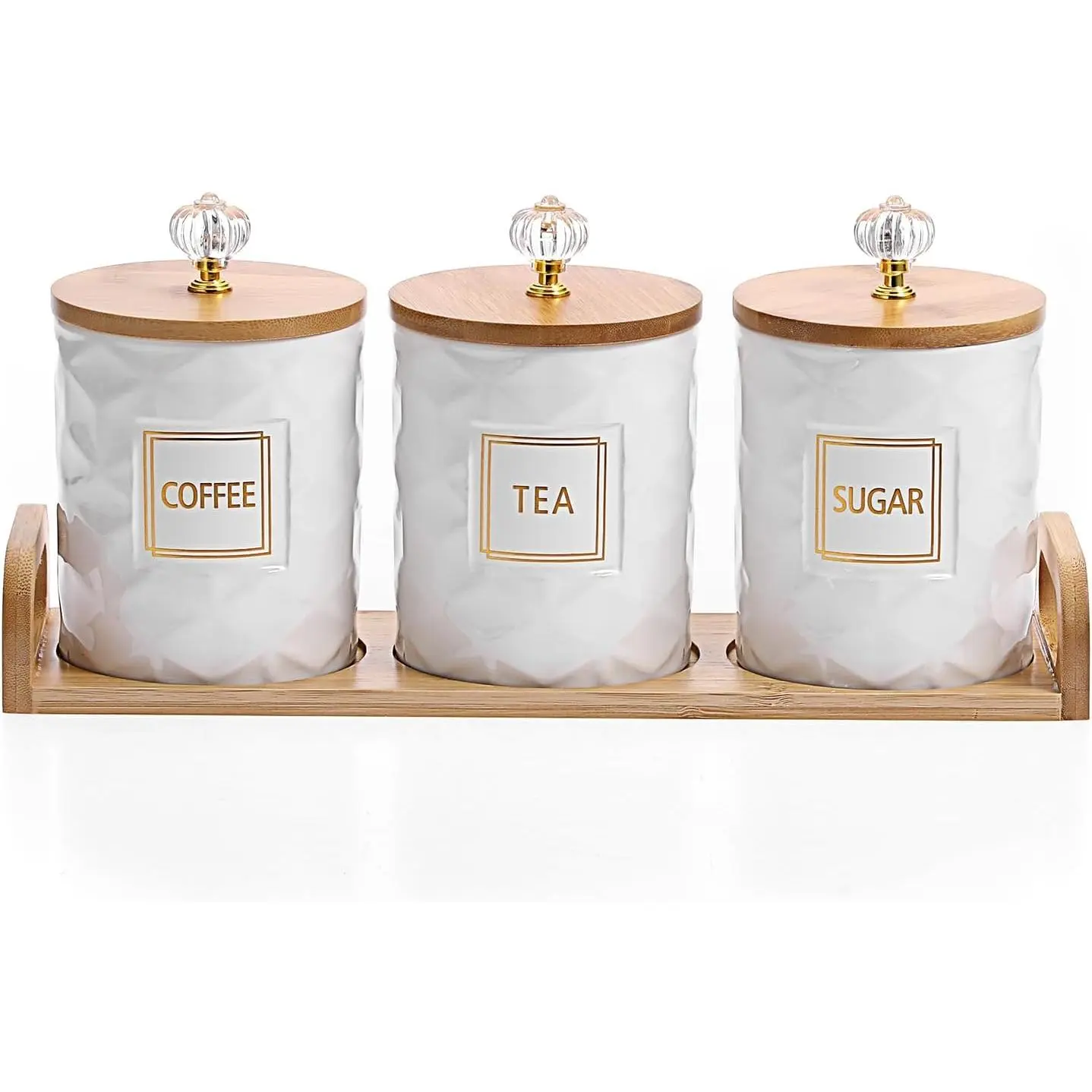 Set of 3 Ceramic Coffee Sugar  Canister Set with Lid and Tray |  Airtight Lid and Handle Tray, Luxurious White Decorative Storage Jar Container for Kitchen Counter, Dining Room, Bar