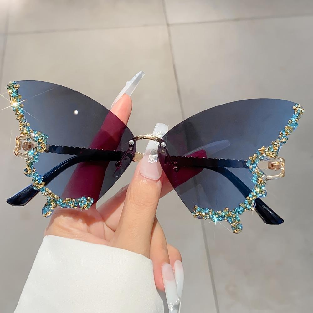 1 Count Rhinestone Decorated Butterfly Design Sunglasses, Durable Material Fashionable Rimless Sunglasses for Women, Elegant All-match Fashion Accessories for Daily Wear, Stylish Glasses, Trendy Styling Sunglasses