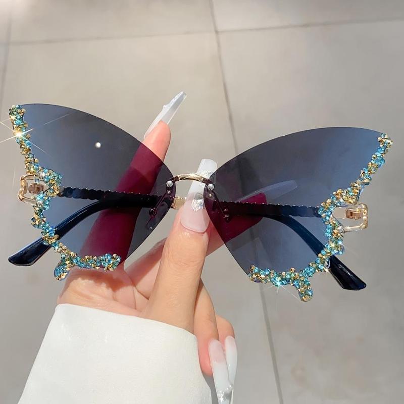 1 Count Rhinestone Decorated Butterfly Design Sunglasses, Durable Material Fashionable Rimless Sunglasses for Women, Elegant All-match Fashion Accessories for Daily Wear, Stylish Glasses, Trendy Styling Sunglasses