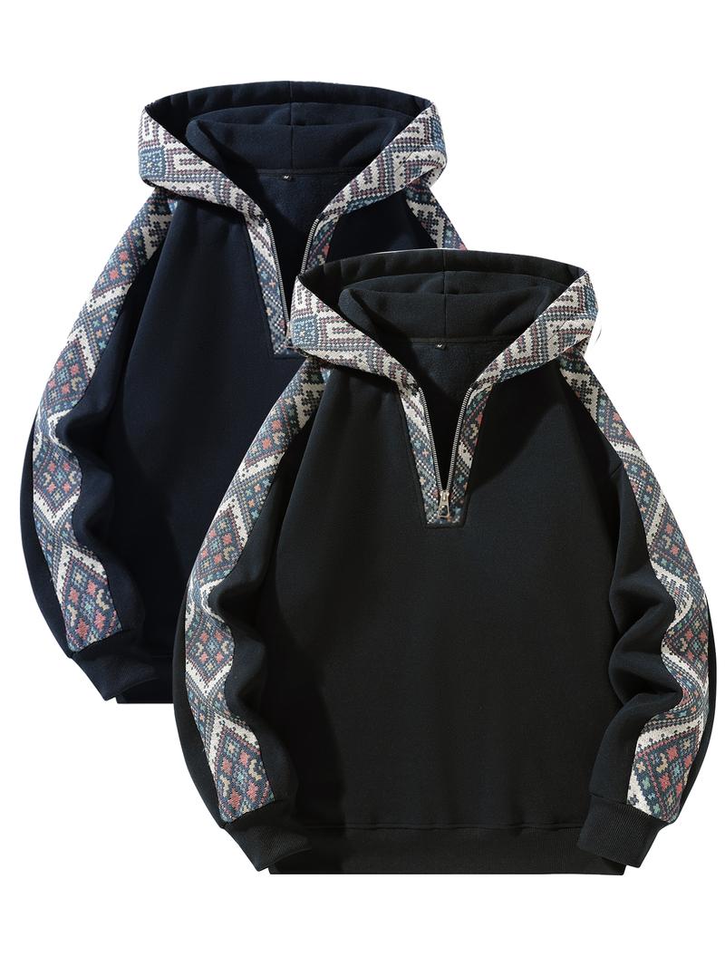 Unisex Retro Ethnic Patchwork Half Zip Hoodie, Casual Comfy Regular Fit Long Sleeve Pullover for Fall & Winter Daily Wear