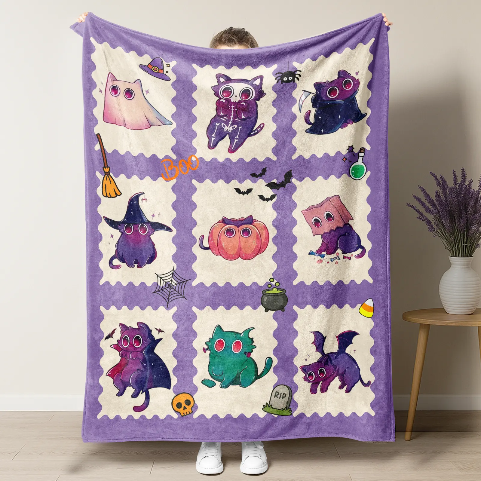 Halloween Patchwork Throw Blanket, Cute Highland Cow Capybara Black Cat Halloween Costume Grid Print Soft Fluffy Fleece Blanket, Spooky Season Fall Farmhouse Decor Sofa Bed Couch Cover Halloween Holiday Gift Blanket