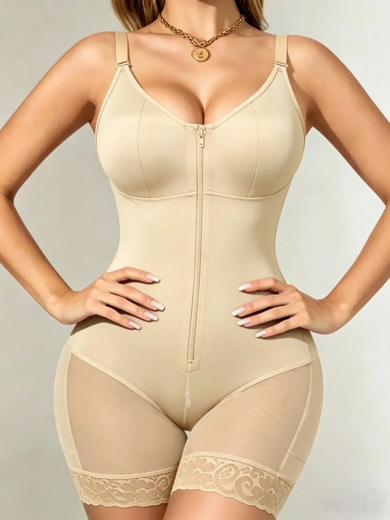 1 Count Women’S Compression Garment With Bust Support Body Shaper, Colombian Shapewear, Fajas, Adjustable Wide Shoulder Straps Bodysuit, Lace Hem Anti-Curl Design Shapewear Bodysuit, Suitable For Daily Wear, Office Outings & Casual Gatherings