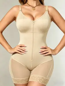 1 Count Women’S Compression Garment With Bust Support Body Shaper, Colombian Shapewear, Fajas, Adjustable Wide Shoulder Straps Bodysuit, Lace Hem Anti-Curl Design Shapewear Bodysuit, Suitable For Daily Wear, Office Outings & Casual Gatherings