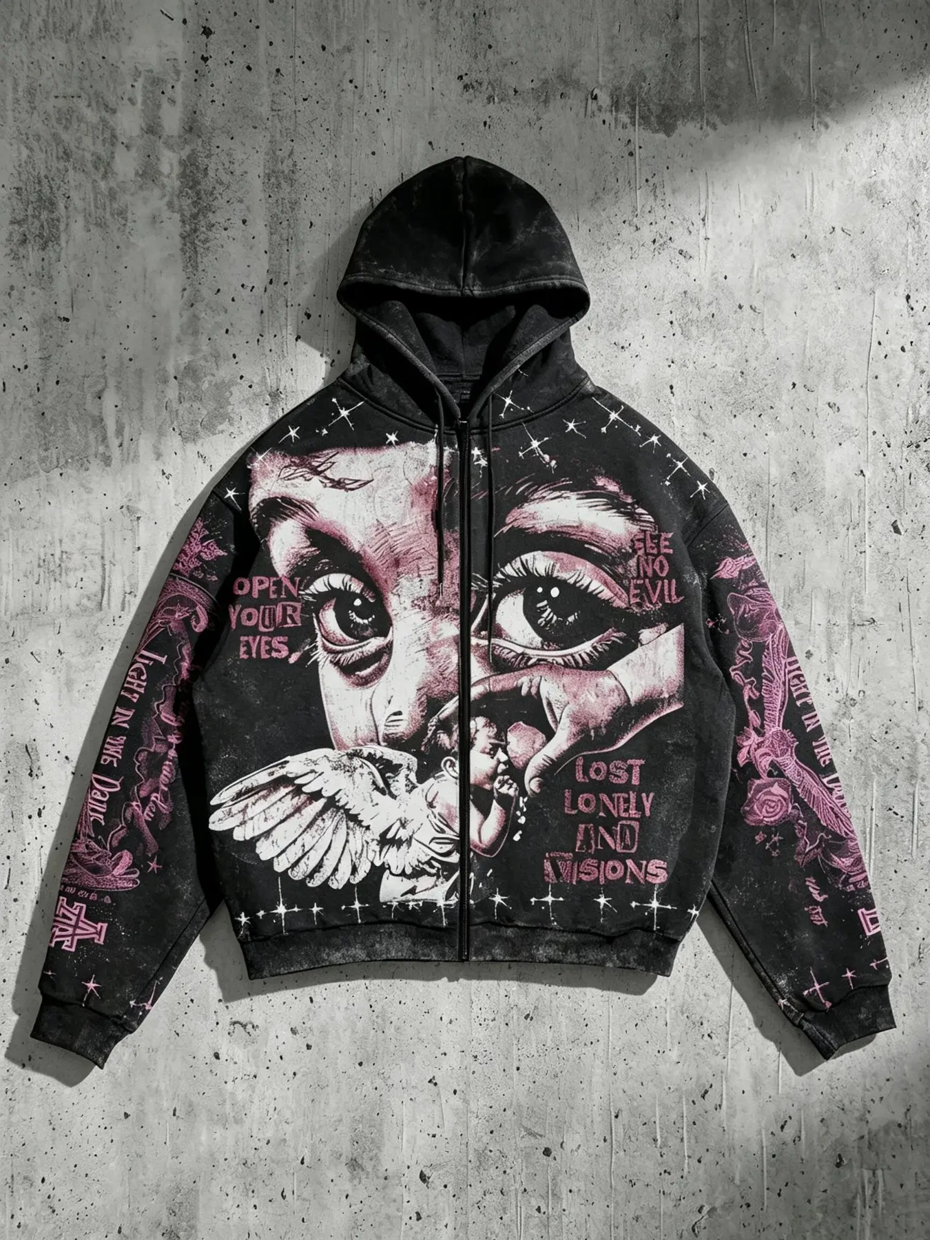 Men Zip Up Hooded Jacket, Angel Eyes Cherub Full Print Graphic Zip Hoodie, Vintage Washed Gothic Chicano Streetwear Coat, men clothing, menswear clothing, accessories for men, ropa caballero hombre, Daily Casual Street Fashion Outfits