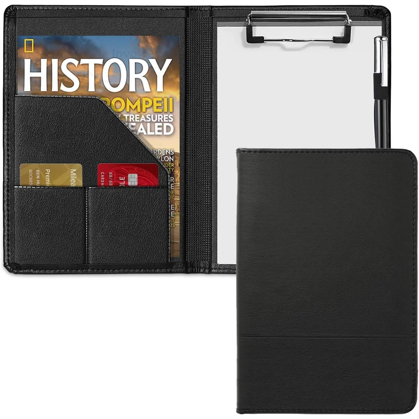 Small Clipboard Padfolio/Portfolio A5 Binder for Writing Pad Refillable 5 x 8 Note Pad, Faux Leather Clipboard Folder Junior Size Portfolio Organizer Folio Clip Board,Black
