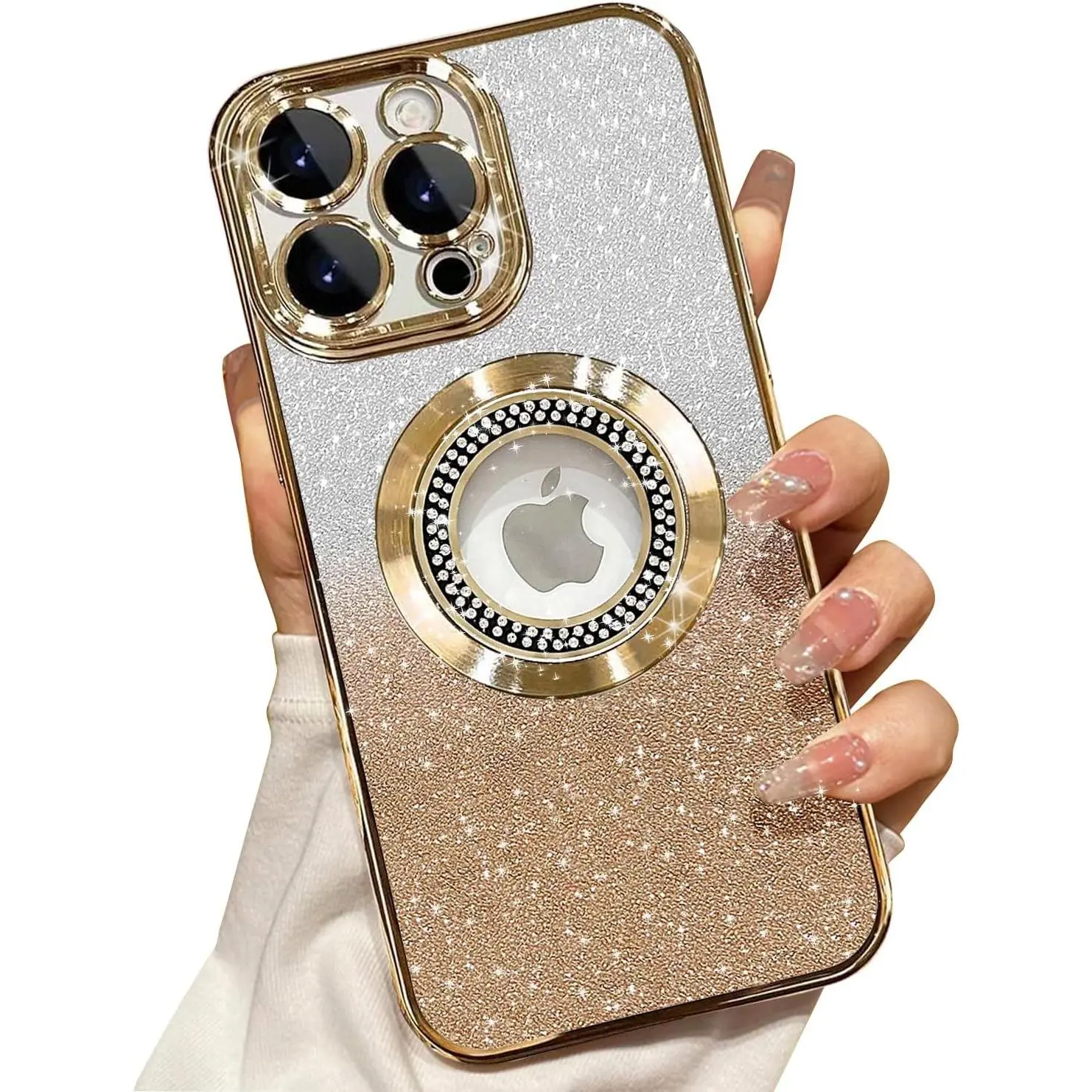 Misscase for iPhone 15 Pro Magnetic Glitter Case Compatible with MagSafe,Full Protection Slim Shockproof Anti-Scratch Case with Camera Lens Protector Logo View Dust-Proof Net for Women 6.1 Inch Gold