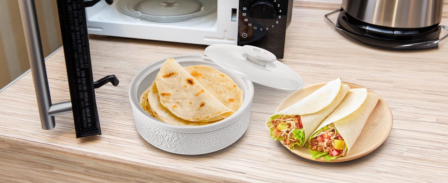 Ceramic Tortilla Warmer, 8.5 Inch Embossed Taco Holder with Lid, Microwave and Oven Safe Tortilla Storage Container for Mexican Party Tuesday Night, Hold up to 12 Tortillas, White