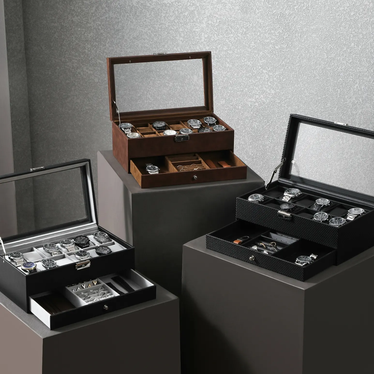 Carbon Fiber Watch Jewelry Box, Watch Organizer, Transparent Lid, 12 Slots, Multi-Division Drawers, Men's Daily Use, Desktop Display, Business Gift