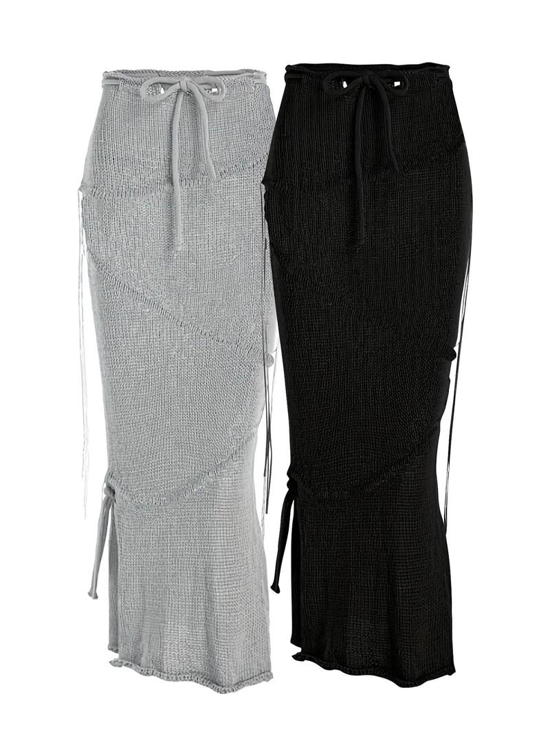 Solid Drawstring Split Side Tassel Sweater Skirt, Elegant Fashion Casual Tie Side Pencil Skirt for Daily Outdoor Wear, Women Knitwear for Spring Fall, Boho Skirt