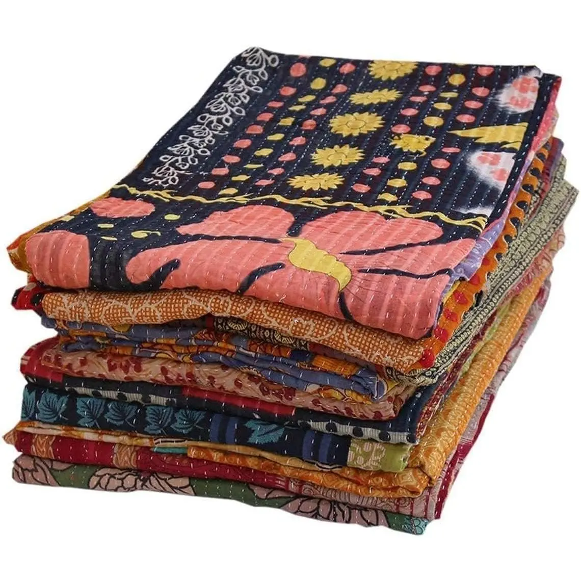Vintage Indian Tribal Kantha Quilt Bedspread Set (Pack of 4) - Wholesale Assorted Patchwork Cotton Mixed Bedspread Set, Bedding Throws with Old Patches for Home Supplies