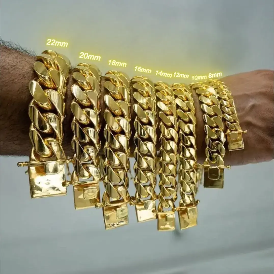 14K Gold Vacuum Plated Stainless Steel Chain & Copper Deployment Clasp Miami Cuban Link Chain Italy Mexico & Micro Inspired Unisex Hip Hop 8-22mm Bracelet for Men & Women Jewelry,Daily Wear,Casual Fashion,Gift Idea,Chicano Style,Weighty Fee
