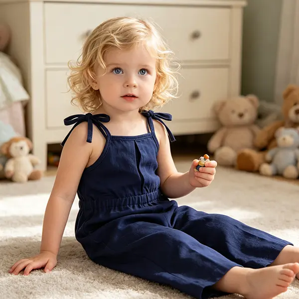 Baby Girl Sleeveless Solid High-Waist Denim Jumpsuit – Summer Casual Overalls