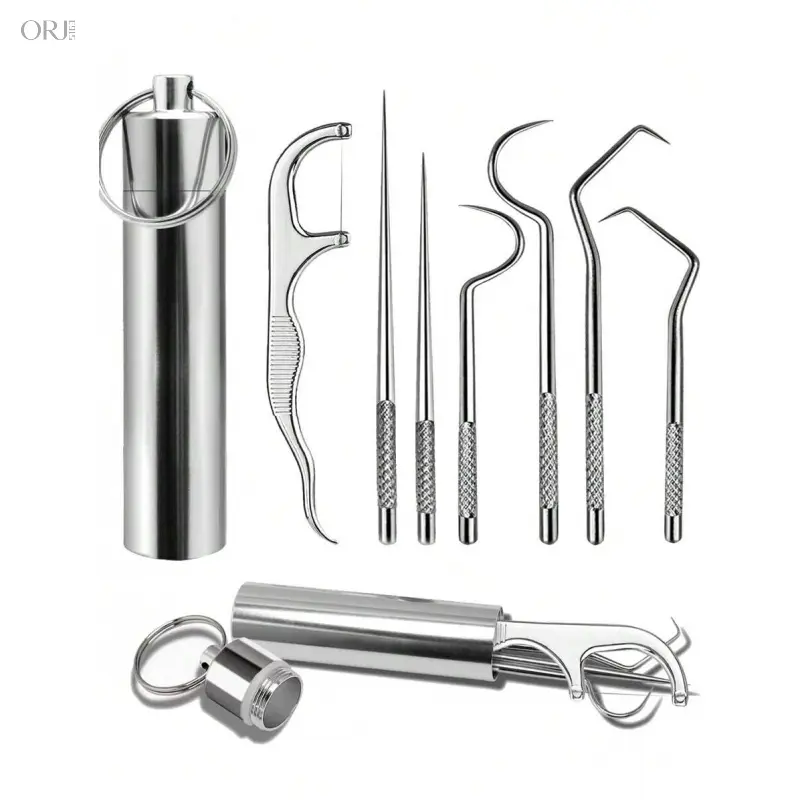 Stainless Steel Oral Cleaning Tool Set, Portable Metal Dental Picks with Storage Tube, Reusable Toothpick Kit for Food Residue Removal, Adult Teeth Gap Cleaner