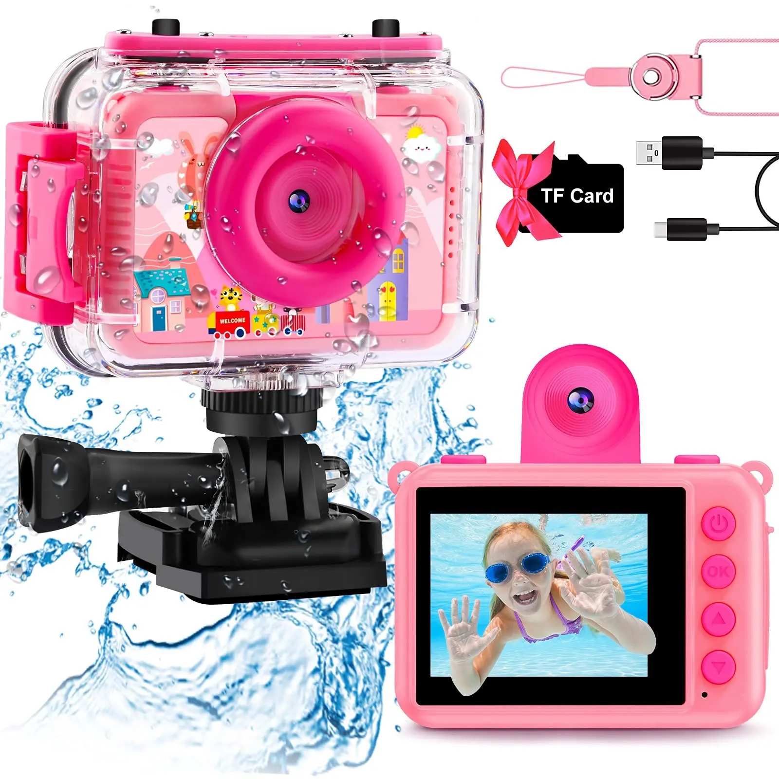 Kids' Underwater Camera - Waterproof Kids' Action Camera with 1080p Video and 20MP Photos, Featuring a Flip Lens; Includes a Memory Card for Diving, Swimming, and Snorkeling at the Beach; Birthday Gift for Girls
