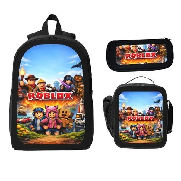 Anti‑Wrinkle 3PCS Roblox Gaming Backpack Set, School Bookbag with Insulated Lunch Box and Pencil Pouch for Daily Use