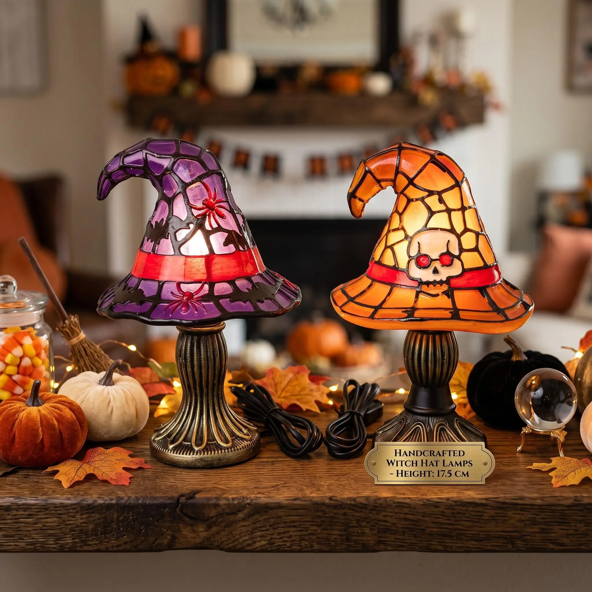 Vintage Witch Hat LED Night Light, Spooky Bat & Skeleton Painted Lamp, Halloween Room Decor, Unique Vintage Design, Decorative Light