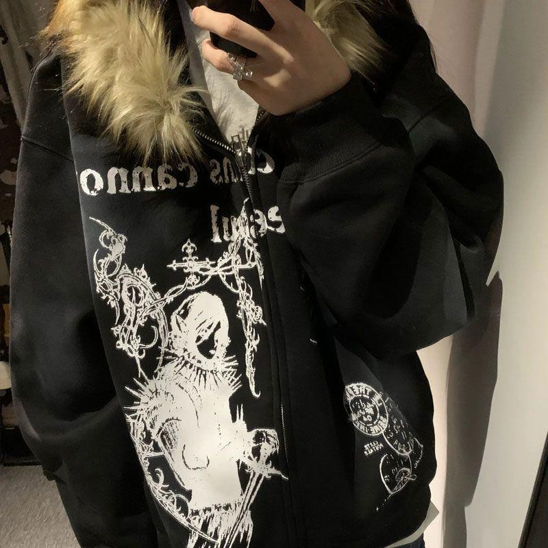 Women Y2k Aesthetic Tie-dye Printing Hoodies Harajuku Vintage Fur Patchwork Hooded Hoody Casual Grunge Oversized Sweatshirts