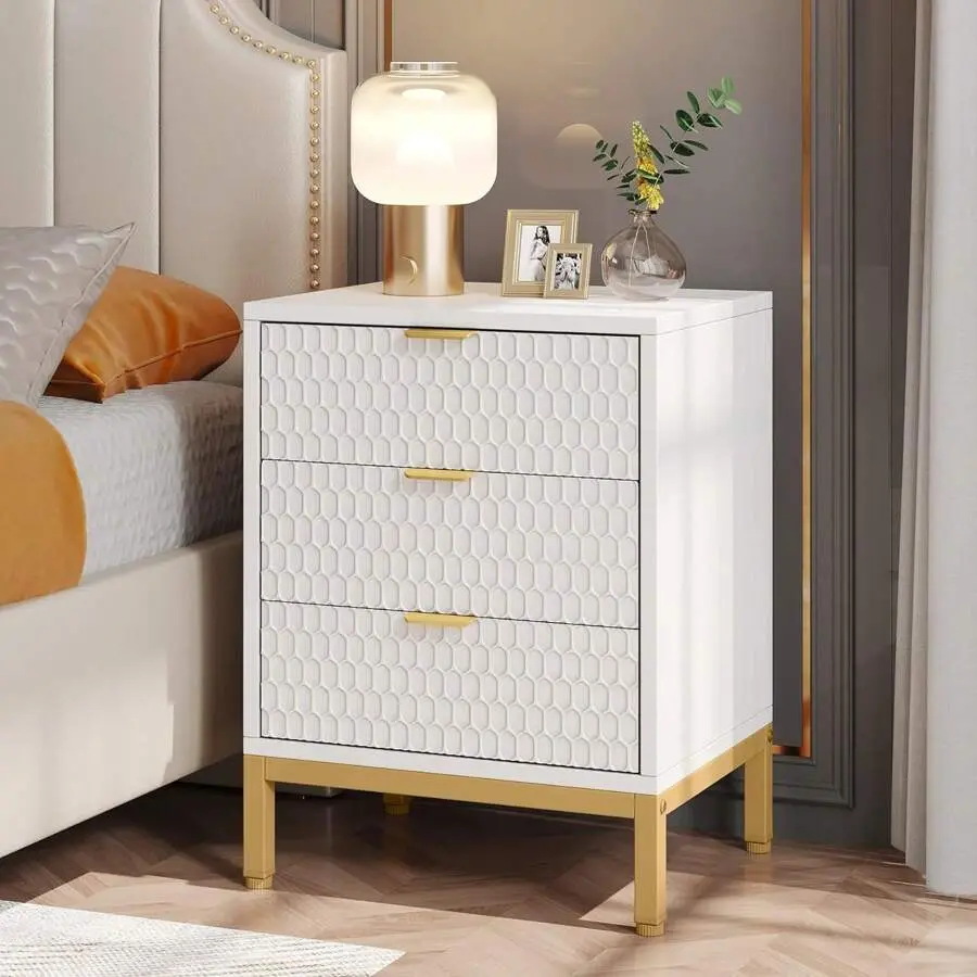 Modern 25.8" Tall Metal Nightstand - Adjustable 3-Drawer Storage Furniture with Honeycomb Hexagon Pattern, Assembly Required Indoor Side Table for Bedroom, Side Tables