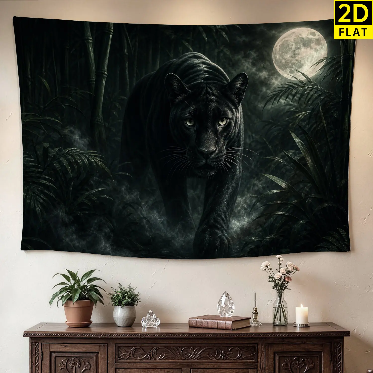 Mysterious Black Panther Moonlight Bamboo Forest Wall Tapestry - Large Horizontal Polyester Printed Wall Decor Artwork, Whimsical Home Decoration, Holiday Gift for Family, No-Installation Indoor-Outdoor Room Decorations, Gift Ideas