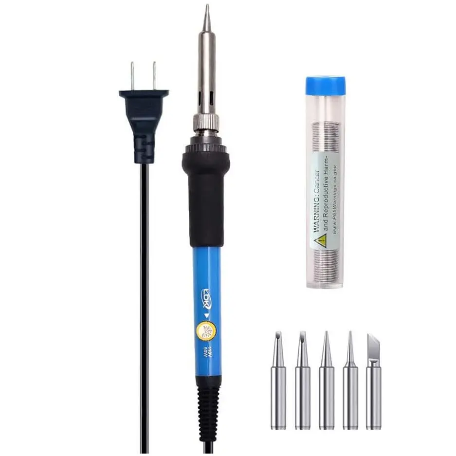 LDK 60W 110V Adjustable Temperature Electric Soldering Iron Kit with 5 Replacement Tips, Solder Wire (Basic) – Steady Heat for Circuit Repair, PCBs/Wires Welding Tools