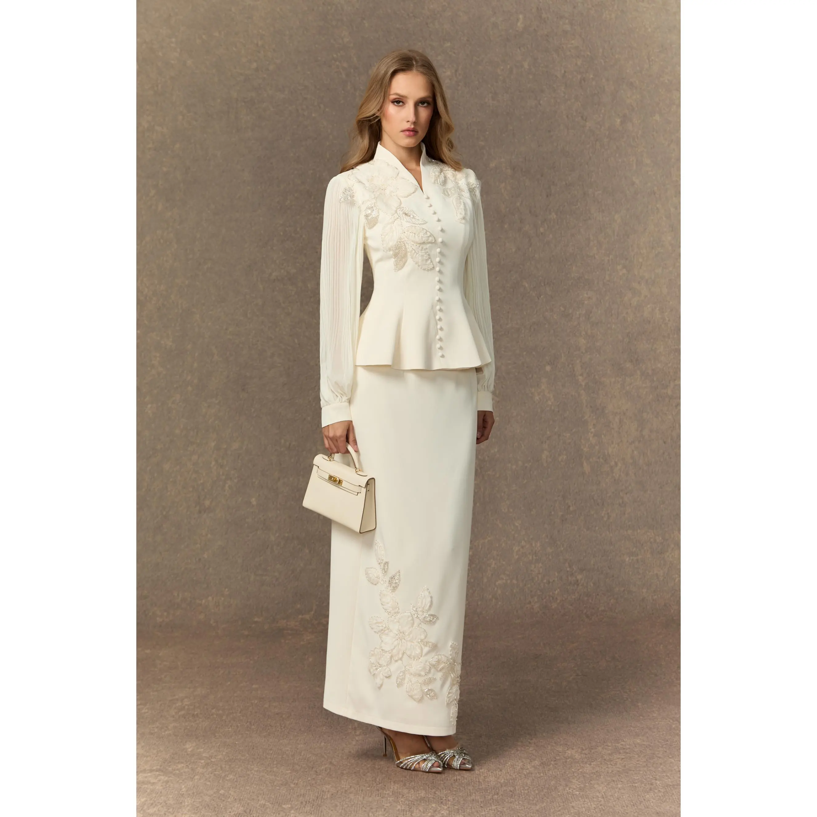Sunfere Floral Embroidery Skirt Set - Sequin Applique Peplum V-Neck Modest, Church Event Bridal Shower Engagement Brunch