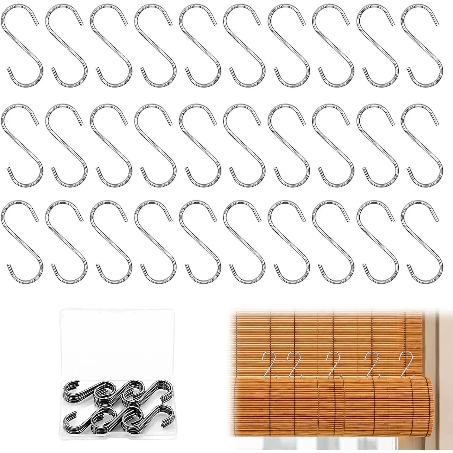 30 Pack  Blinds Hooks - Stainless Steel Hooks for Roll-up Wicker Blinds,Roll-up Roman Rattan Shades &  Roller Blinds with Gaps Larger Than 2mm, Suitable for Indoor & Outdoor Windows