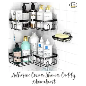 Self-Adhesive Wall-Mounted Shower Caddy Corner Adhesive Shower Caddy with Soap Holder & 12 Hooks Rustproof Stainless Steel Bathroom Organizer No Drill Wall-Mounted Rack 2-Piece-Black