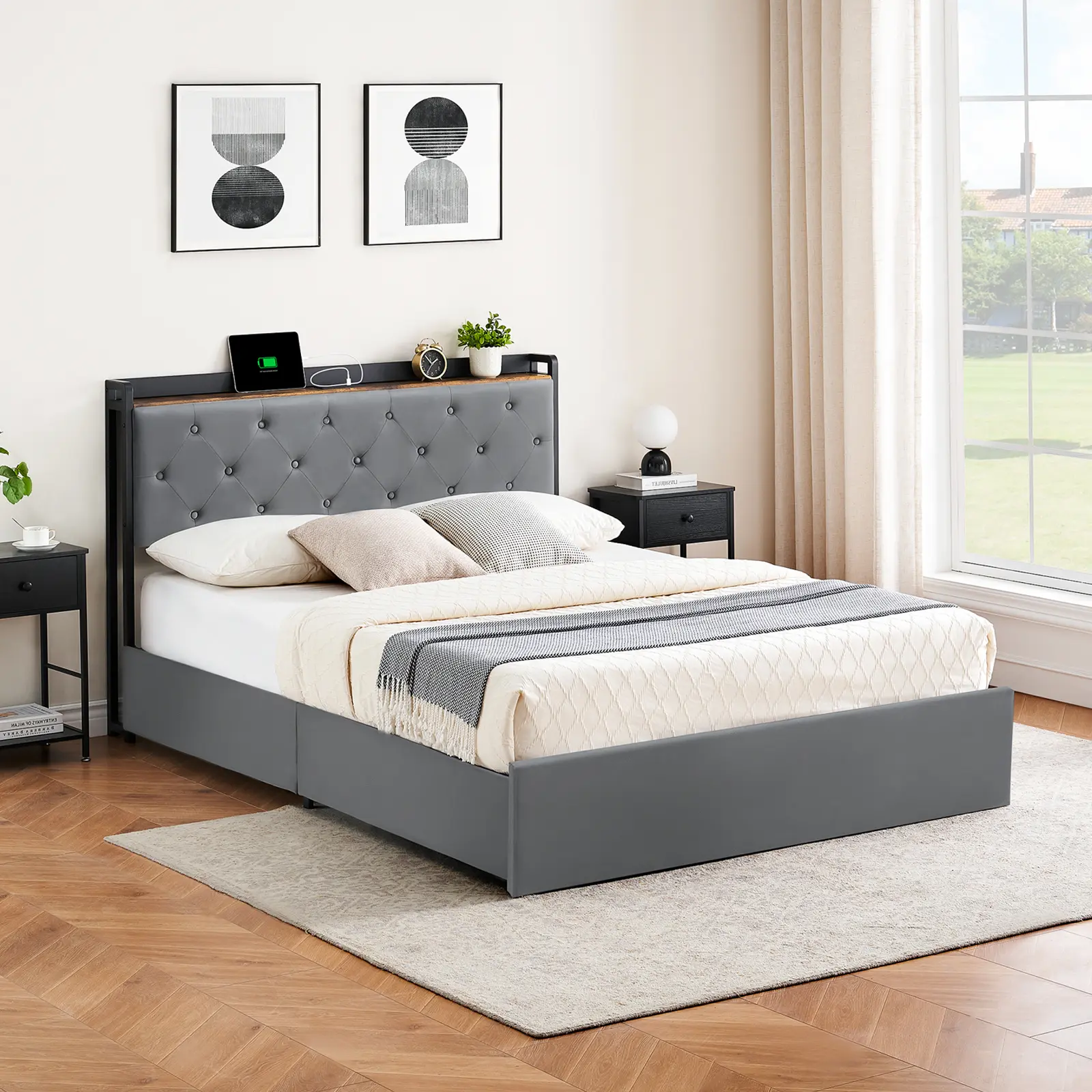 Queen Size Bed Frame with Natural Rattan Headboard, Bohemian Platform Bed Frame with Strong Metal Slats Support, Boho Cane/Mattress Foundation/No Box Spring Needed