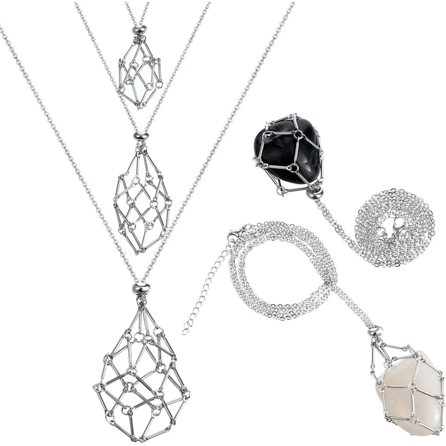 3 Pcs Necklace Cord Crystal Necklace Holder Adjustable Empty Stone Holder Stainless Steel Boho Handmade Cage Fish Netted for Women Men Yoga Meditation DIY Jewelry Making Home Decor