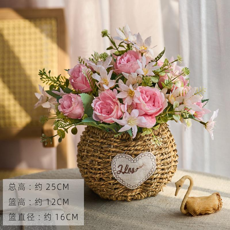 Rose & Sunflower Arrangement with Woven Grass Basket, Faux Floral Decor for Living Room & Dining Table White Babys Breath Bouquet